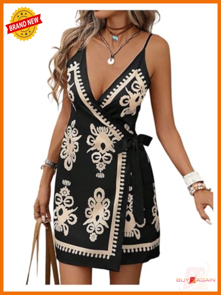 Sleeveless Wrap V Neck Tie Knot Boho Mini Dress